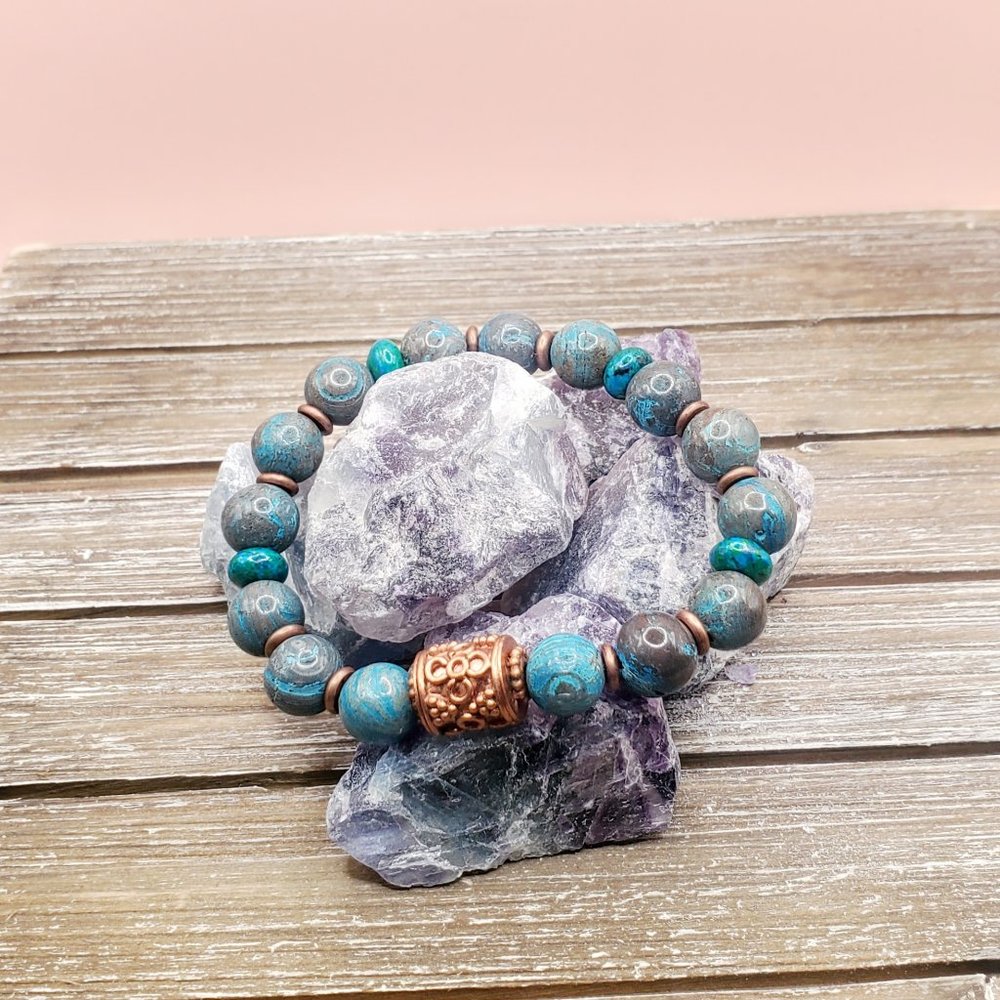 Blue Sky Jasper, Chrysocolla, and Copper Beaded  Bracelet